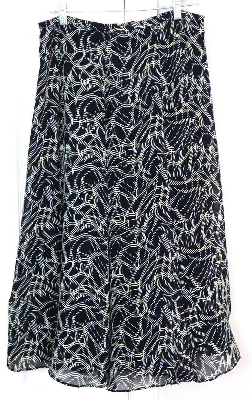 Vintage Y2K Jones Wear Midi Skirt Ruffle Hem Sheer Overlay Navy Blue Yellow 10